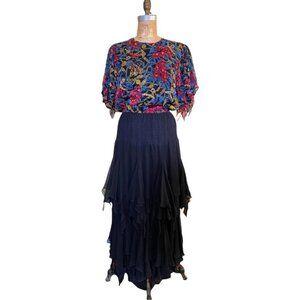 Vintage Diane Freis Georgette Sequin Beaded Silk Ruffle Tiered Dress
